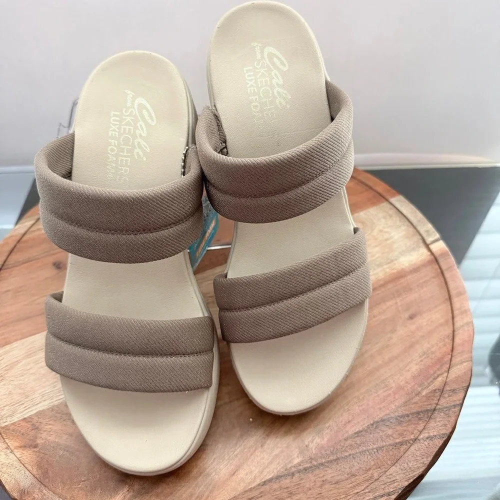 Skechers Cali Luxe Foam Platform Sandals Womens 10 Mocha Tan Slide 119415‎ MOC
